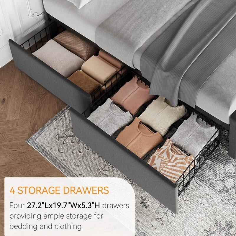 Upholstered Bed with 4 Drawers and Adjustable Button-Tufted Linen Headboard