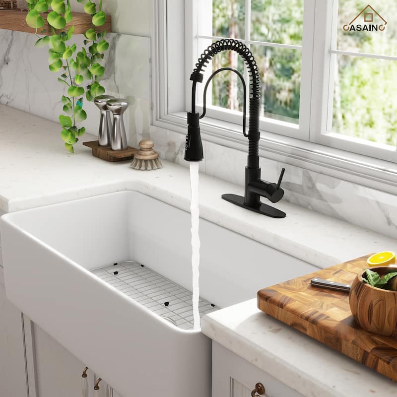 Premium Fireclay Farmhouse/Apron-Front Single Bowl Kitchen Sink with 3-Function Pull-Down Kitchen Faucet Combo