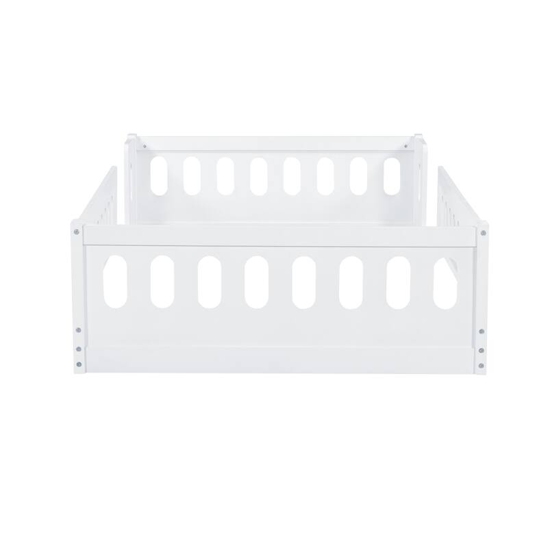 Kids Wood Floor Bed with Semi-Enclosed Guardrail and No-Slat Design