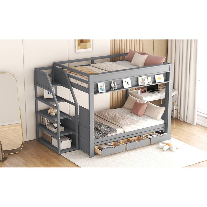 Roomfitters Full Size Convertible Bunk Bed with Storage Staircase and Bedside Table, Gray