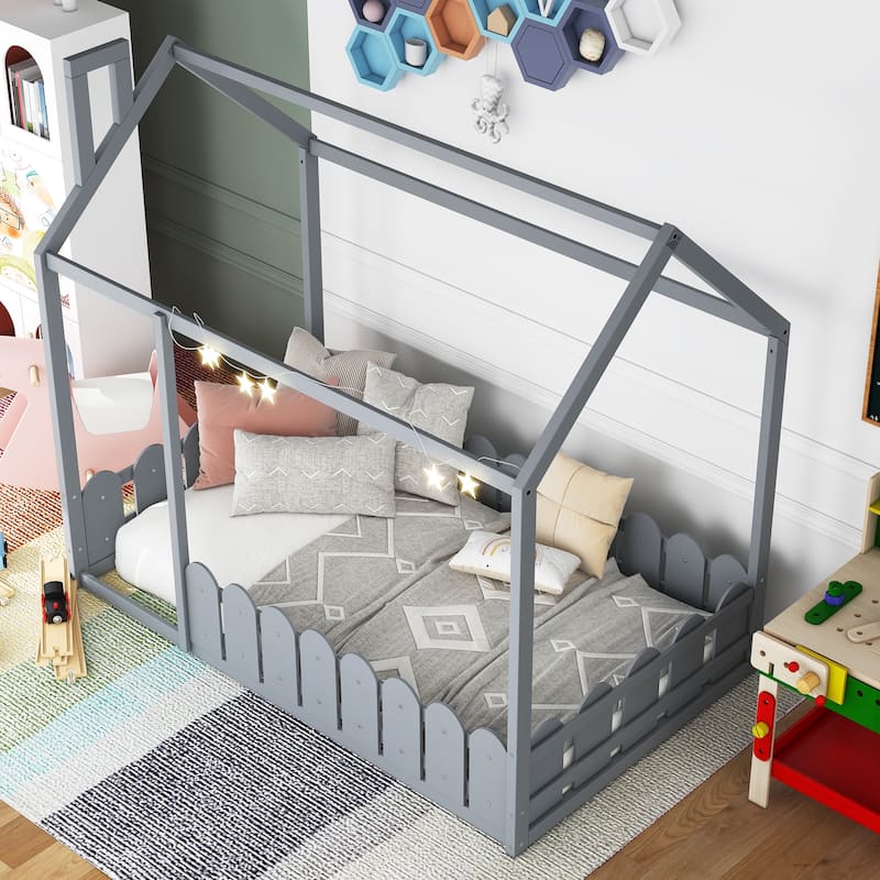 Playful Twin Wood Bed Frame with House Design, Fence, and Cozy Sleeping Space for Children