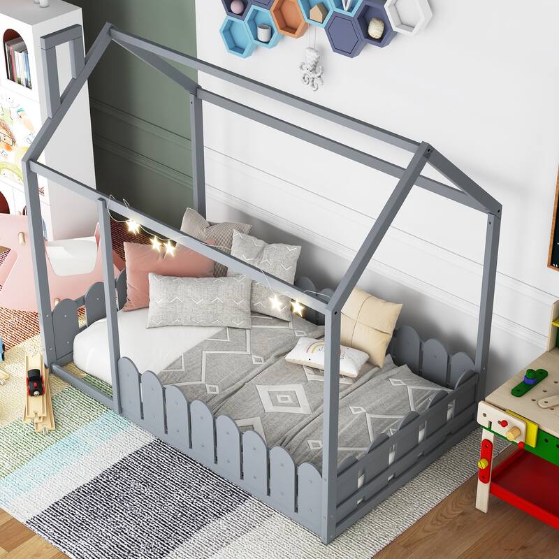 Twin Size Wood House Bed Frame with Fence for Kids and Teens, Gray