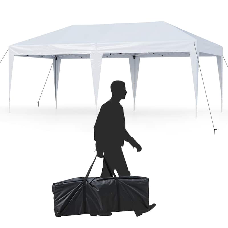 10 x 20 Feet White Pop-Up Canopy Tent with Adjustable Heights and Stakes Ropes Outdoor Included Carry Bag