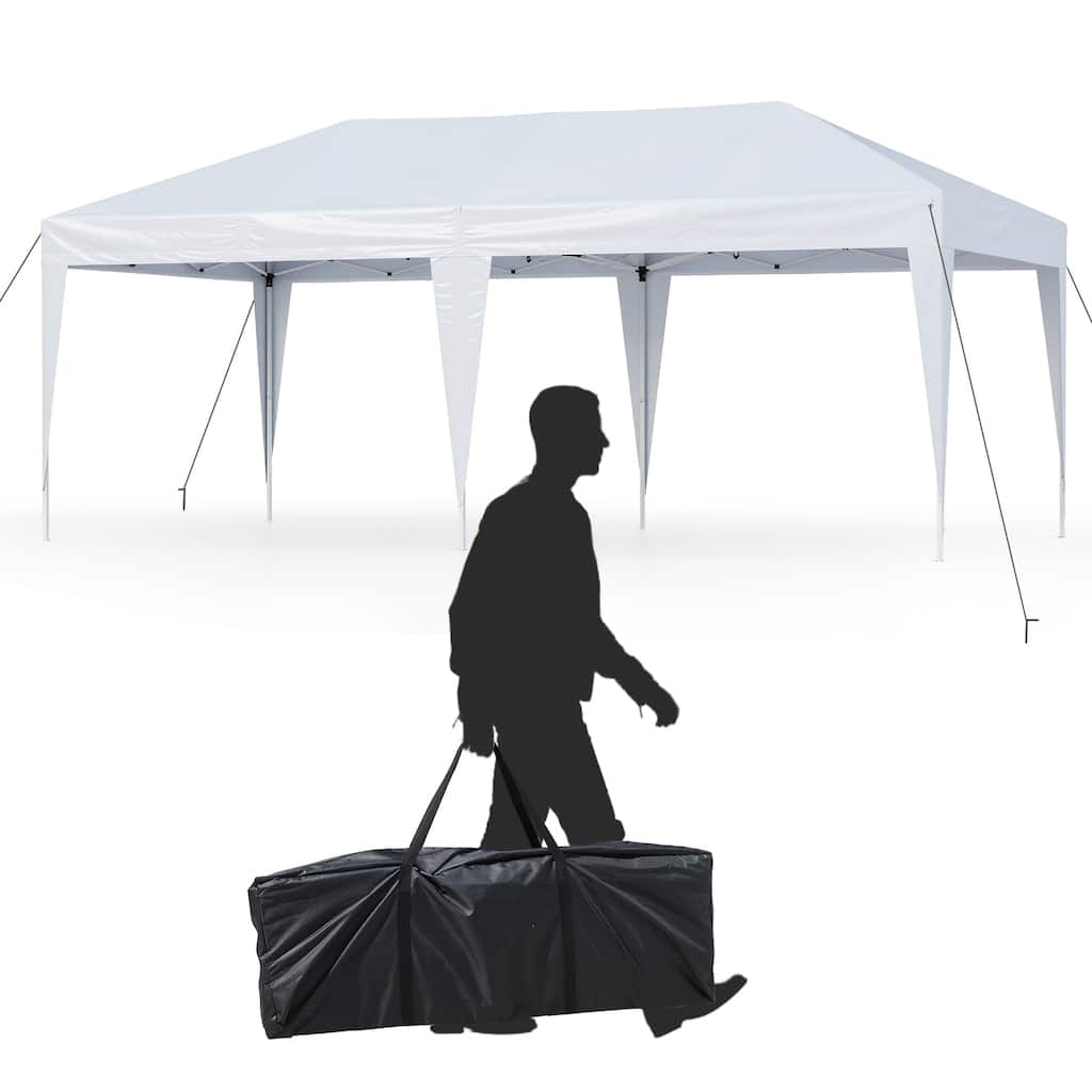 10 x 20 Feet White Pop-Up Canopy Tent with Adjustable Heights and Stakes Ropes Outdoor Included Carry Bag