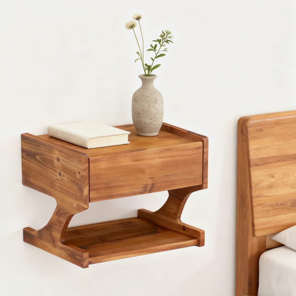 Wall-Mounted Floating Bedside Table, Solid Wood Nightstand with Drawer