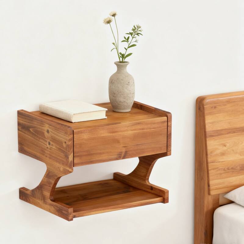 Wall-Mounted Floating Bedside Table, Solid Wood Nightstand with Drawer - Brown