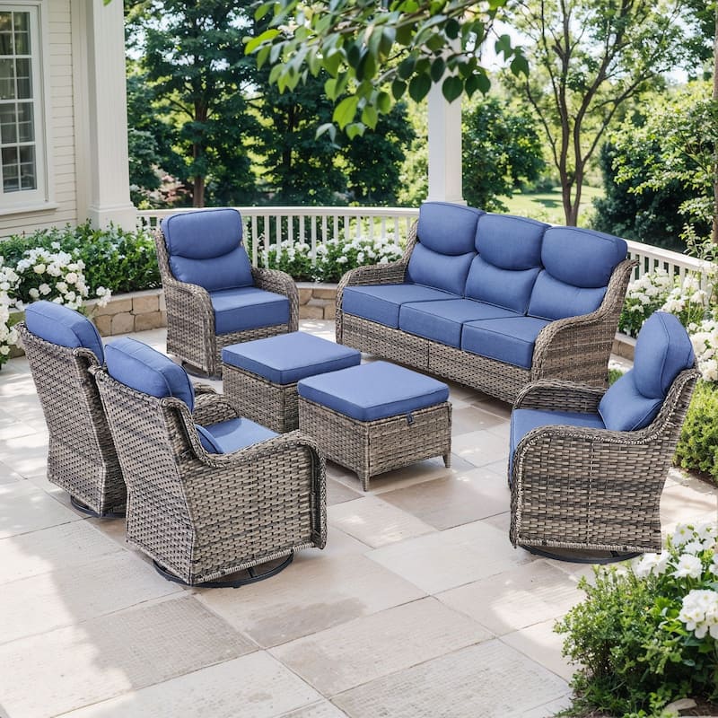 Outdoor Patio Sofa Swivel Chair with 6-Inch Thick Cushions Set - Grey Wicker Blue Cushion - 7PCS Sofa Swivel Chair w/ Ottoman