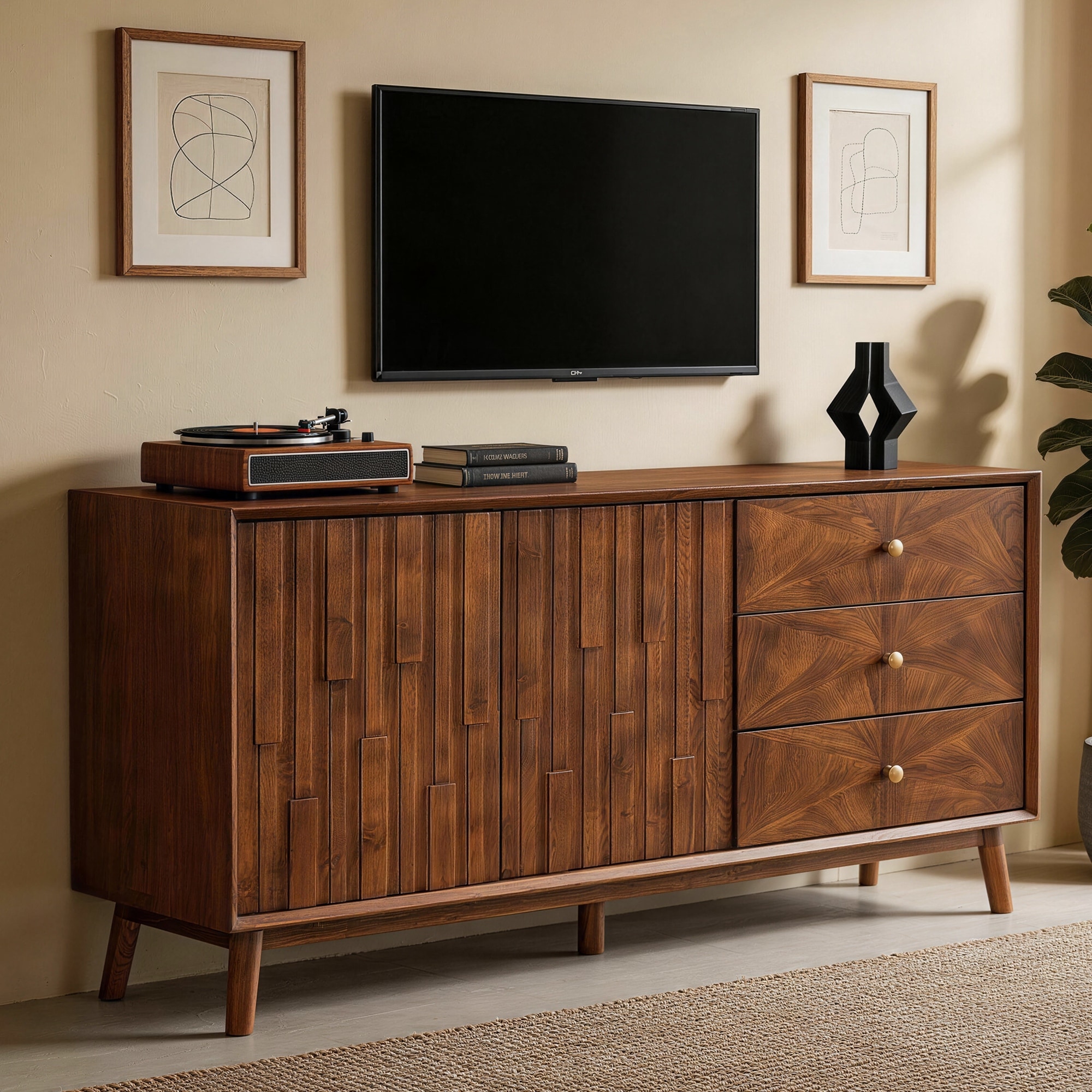 Mid-Century Modern Wooden TV Stand with 3 Drawers and 2 Doors Walnut by GDFStudio