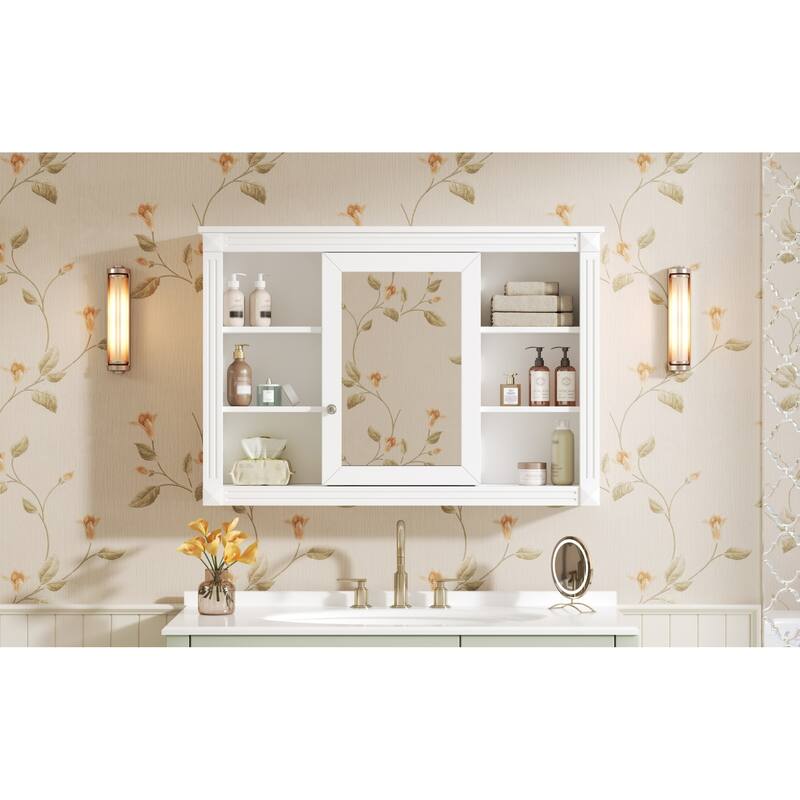 Roomfitters 42 Inch Wall Mounted Medicine Cabinet, Mirror Storage with 6 Open Shelves & Adjustable Interior Shelf, White