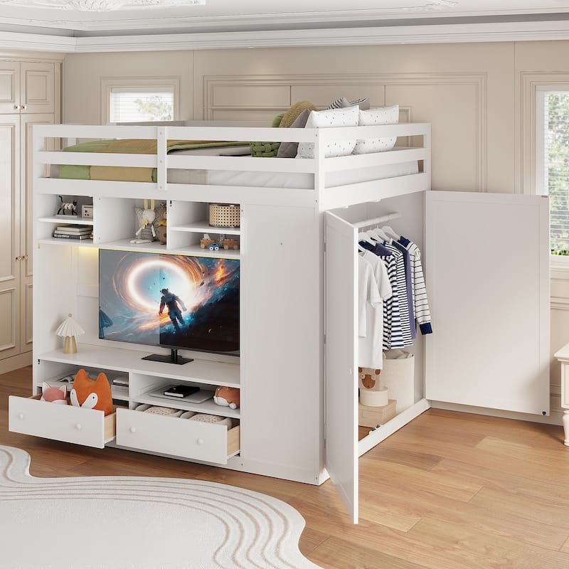 Full Size Loft Bed with TV Stand and Drawers, Teens Kids Storage Bed Frame with Shelves, Wardrobe and LED Light