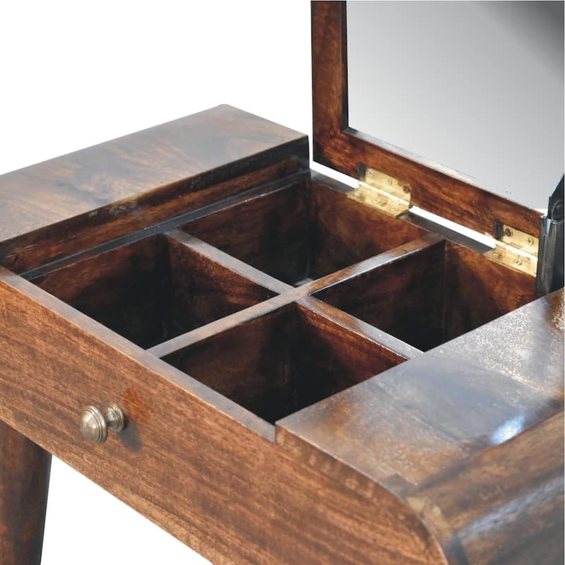 Artisan Furniture Solid Wood Mini California Walnut Dressing Table with Foldable Mirror, Dark brown,1 Drawer