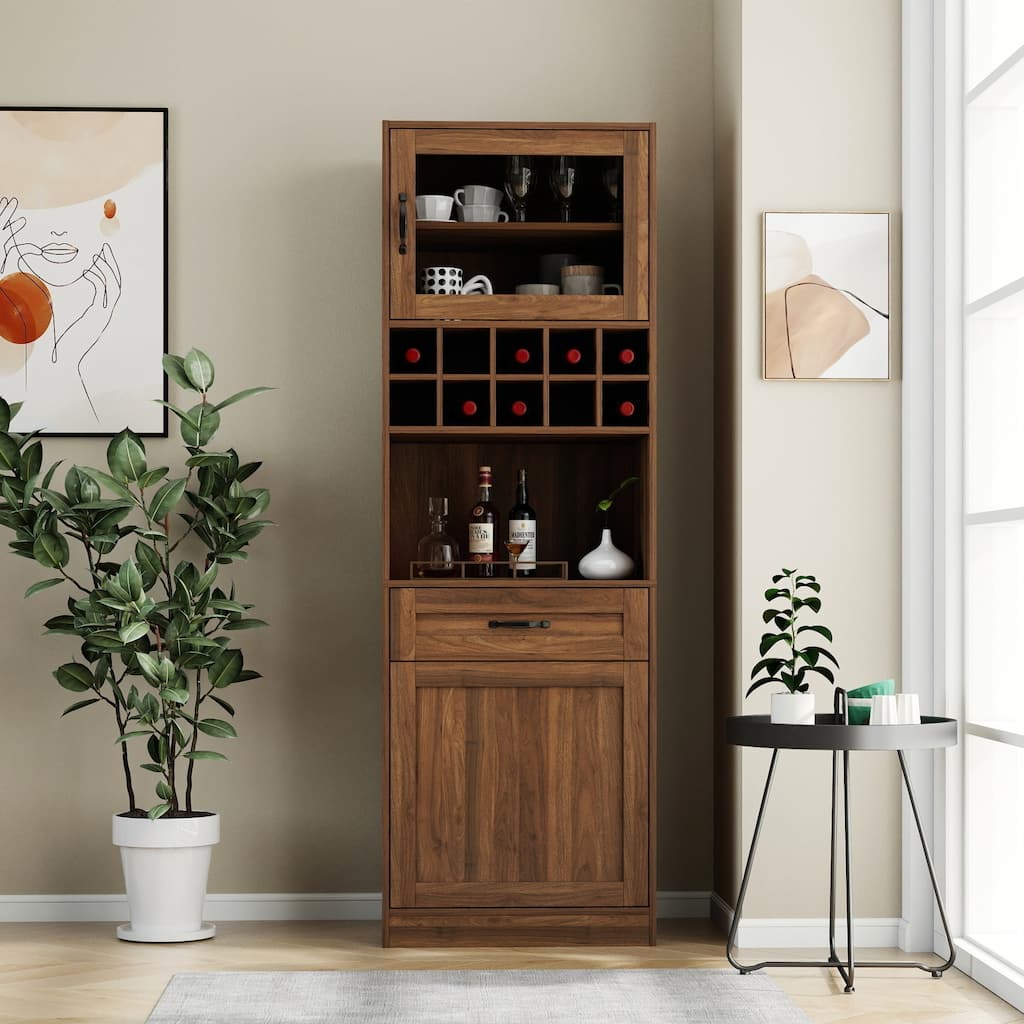 Roomfitters Kitchen Pantry Cabinet with 12 Bottle Slots Glass Door Tall Wooden Liquor Storage Coffee Bar Hutch, Walnut