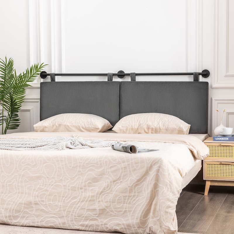 Adeco 70-Inch Corduroy Upholstered Wall Mount Hanging Headboard - Grey
