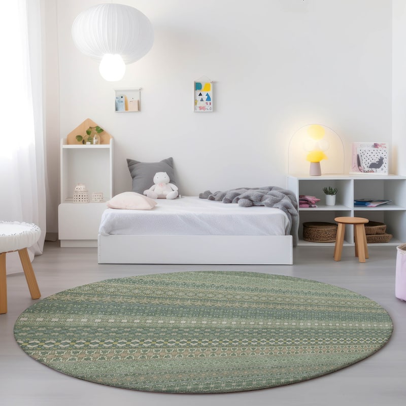 Machine Washable Indoor/ Outdoor Moroccan Stripes Chantille Rug - Aloe - 8' x 8'