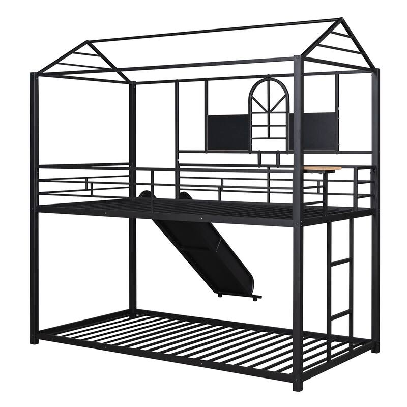 Twin Over Twin Metal Bunk Bed with Slide, Playhouse Design