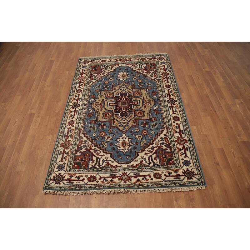 Hand Knotted Oriental 100% Wool Carpet Traditional Medallion Navy Blue & Blues Heriz (serapi) Area Rug - 5' 10'' X 4' 0''