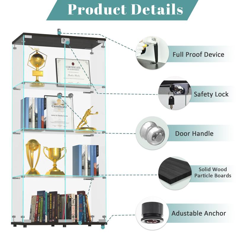 Glass Display Cabinet with Doors & Locks, Acrylic Shelves, Floor Standing Storage Showcase for Home or Office