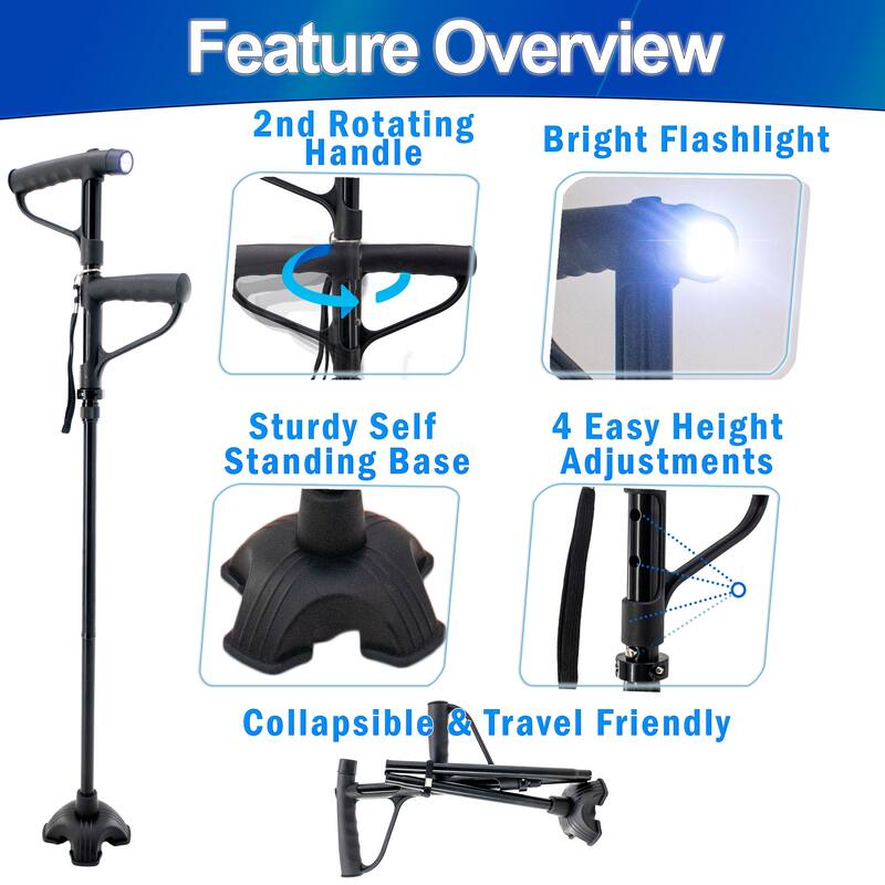 Folding Walking Cane with LED Light w/ Extra Rotating Support Handle, Lightweight, 4 Adjustable Height, Self Standing Quad Base