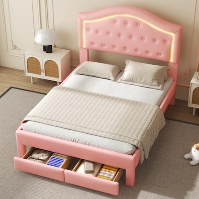 Nestfair Upholstered Platform Bed with Tufted Headboard with LED and 2 Drawers