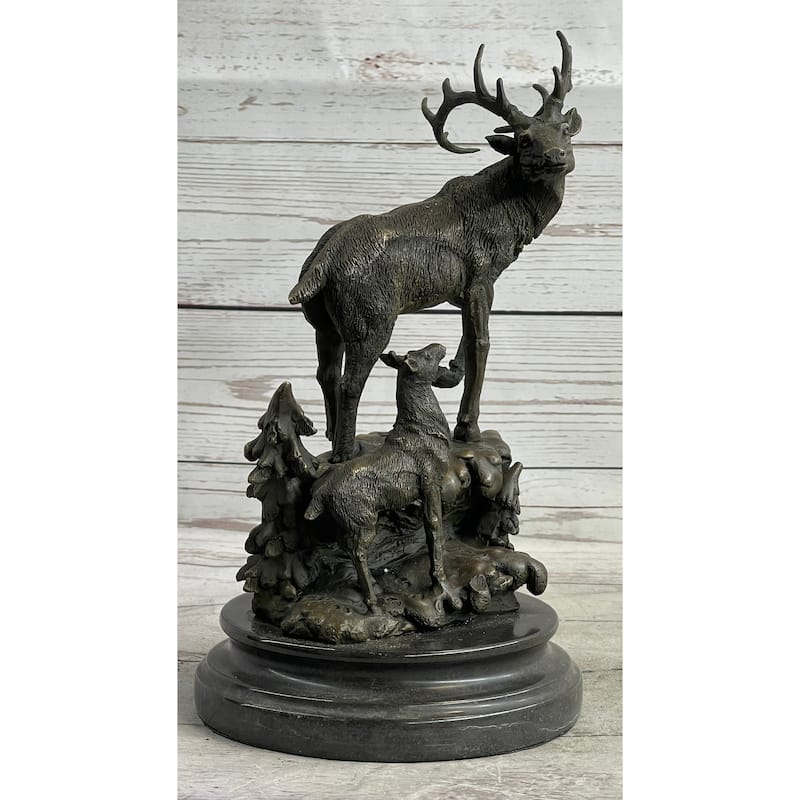 Signed Original Male Stag With His Baby Fawn Bronze Sculpture Marble Base Statue
