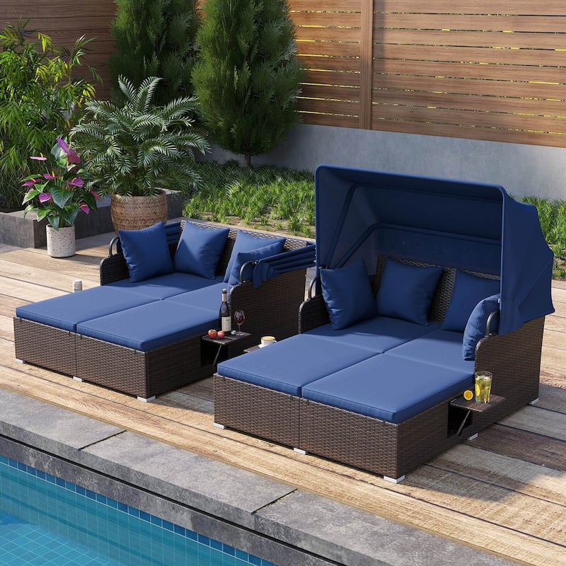 Costway Patio Rattan Daybed Lounge Retractable Top Canopy Side Tables - See Details