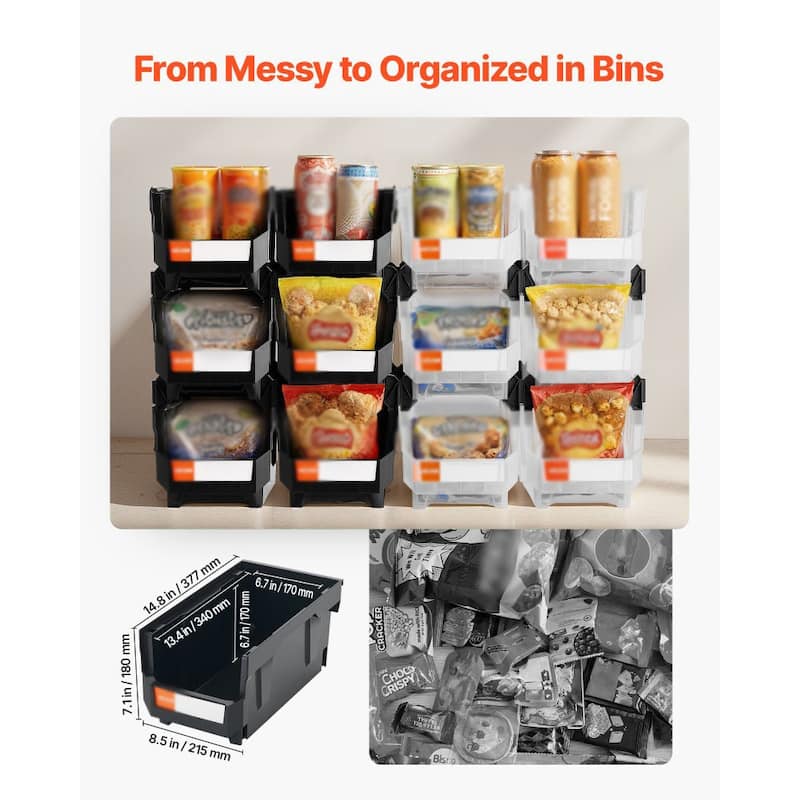 12-Pack Stackable Storage Bins with Front-Open Design for Garage Kitchen or Office Organization - 14.8 x 8.5 x 7.1 inch