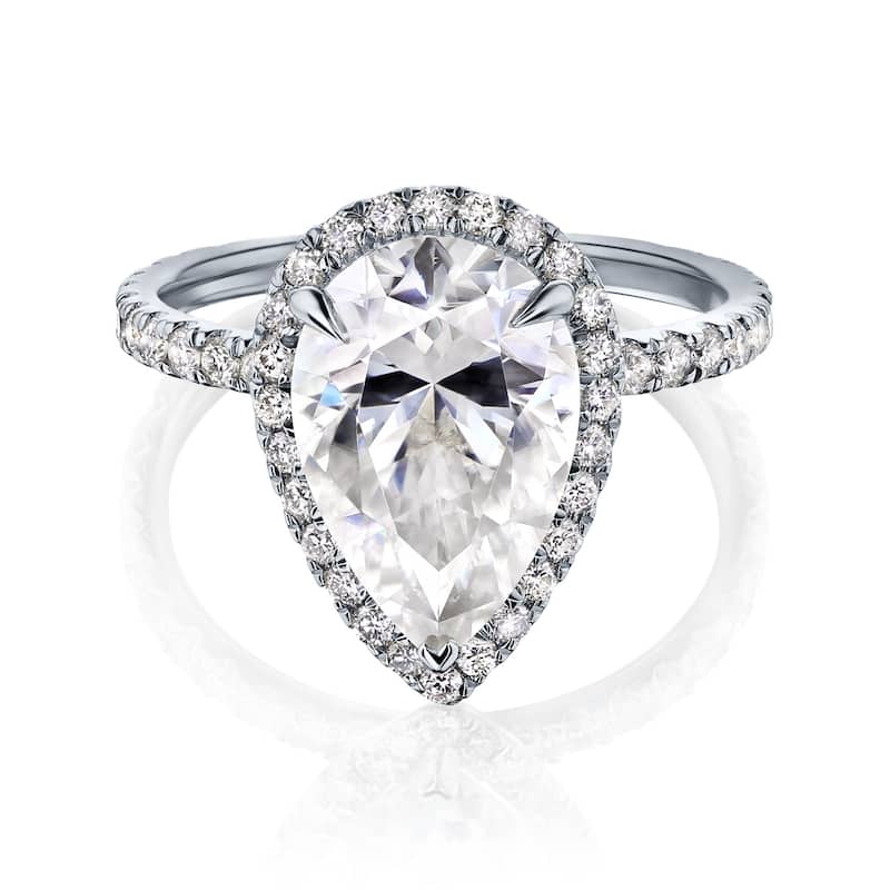 Kobelli Signature Collection 4 Carat Moissanite & Diamond 14k Solid Gold Pear Halo Near Eternity Paige Ring - 8 - White