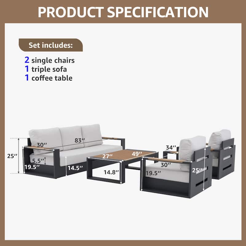 Outdoor 4 Piece Aluminum Sofa Set with Cushions