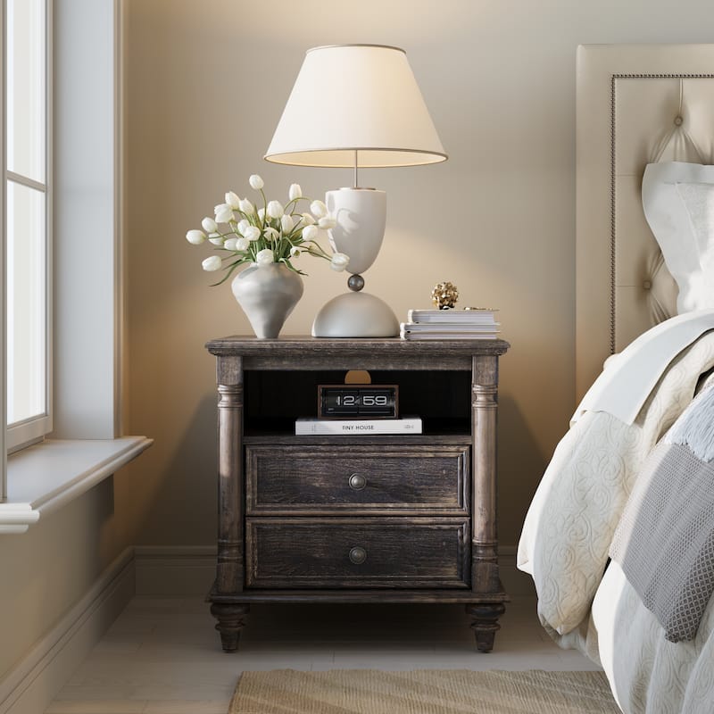 Farmhouse Nightstand Solid Wood Feet, Sofa Table with Charging Station