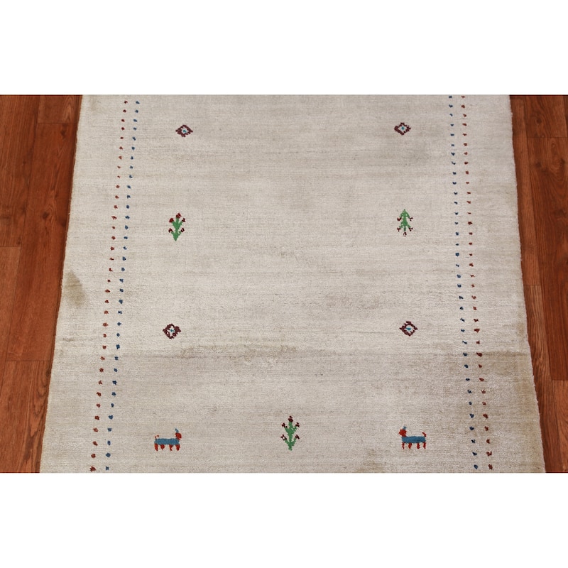 Hand Knotted Oriental 100% Wool Carpet Tribal Animal Pictorial Beige & Ivories Gabbeh Area Rug - 4' 10'' X 3' 0''
