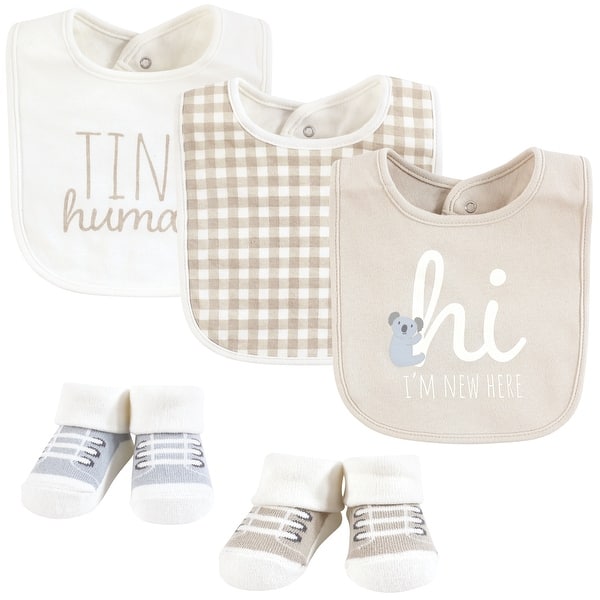slide 1 of 1, Hudson Baby Cotton Bib and Sock Set, New Here, One Size - New Here - One Size