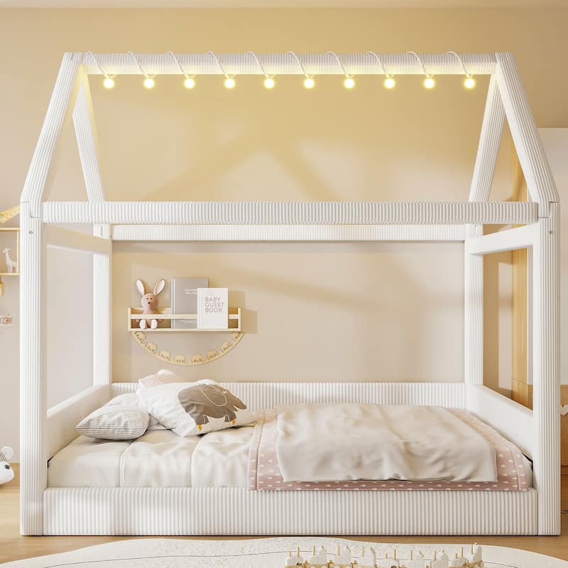 Full Size Upholstered House Bed Frame, Kids Platform Bed with LED Light Strips