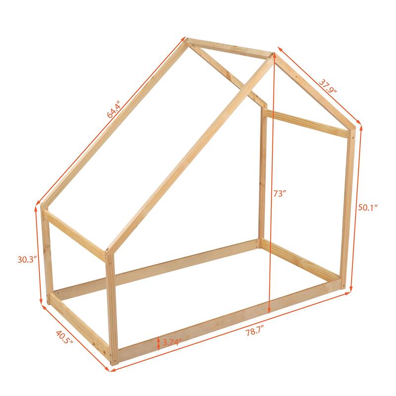 Twin Size Wood House-shaped Canopy Floor Bed