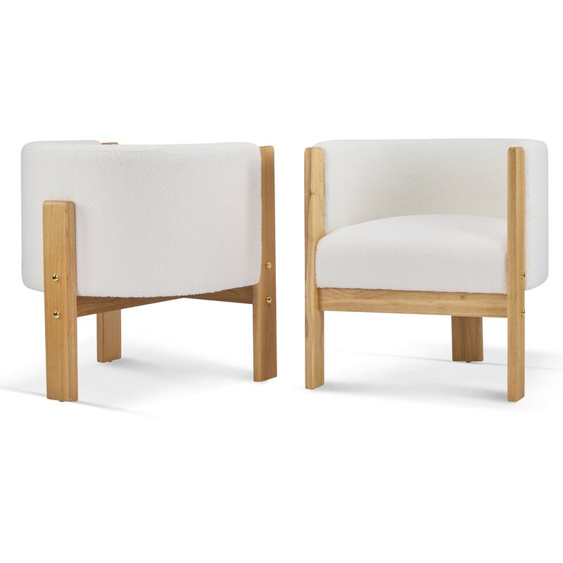 2Pcs Upholstered Dining Chairs Natural Rubber Wood Frame and White Boucle Fabric Modern Armchairs