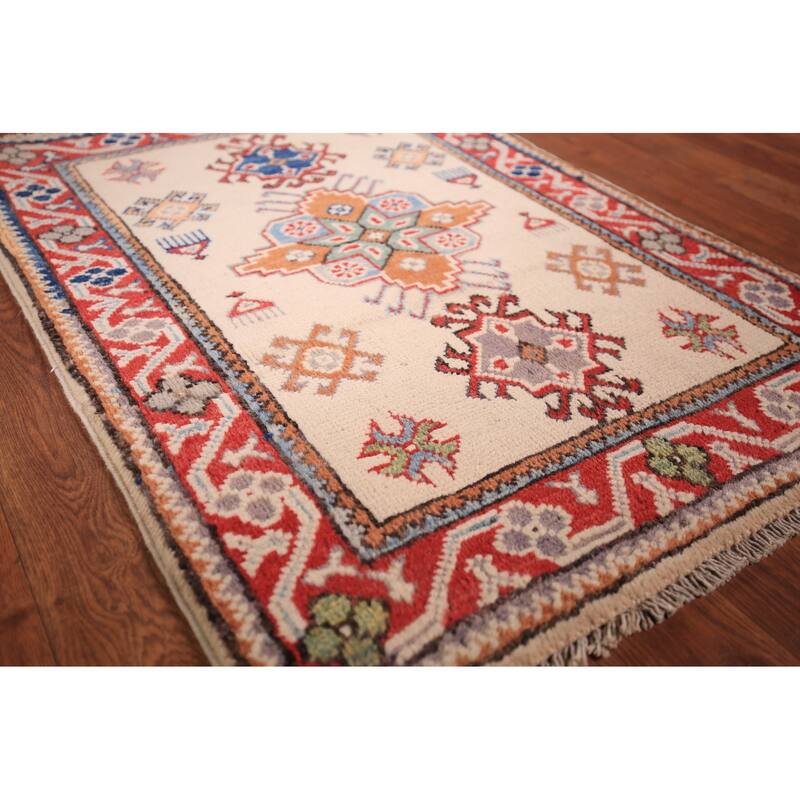 Ivory Geometric Kazak Oriental Foyer Rug Hand-Knotted Wool Carpet - 2'0" x 3'0"