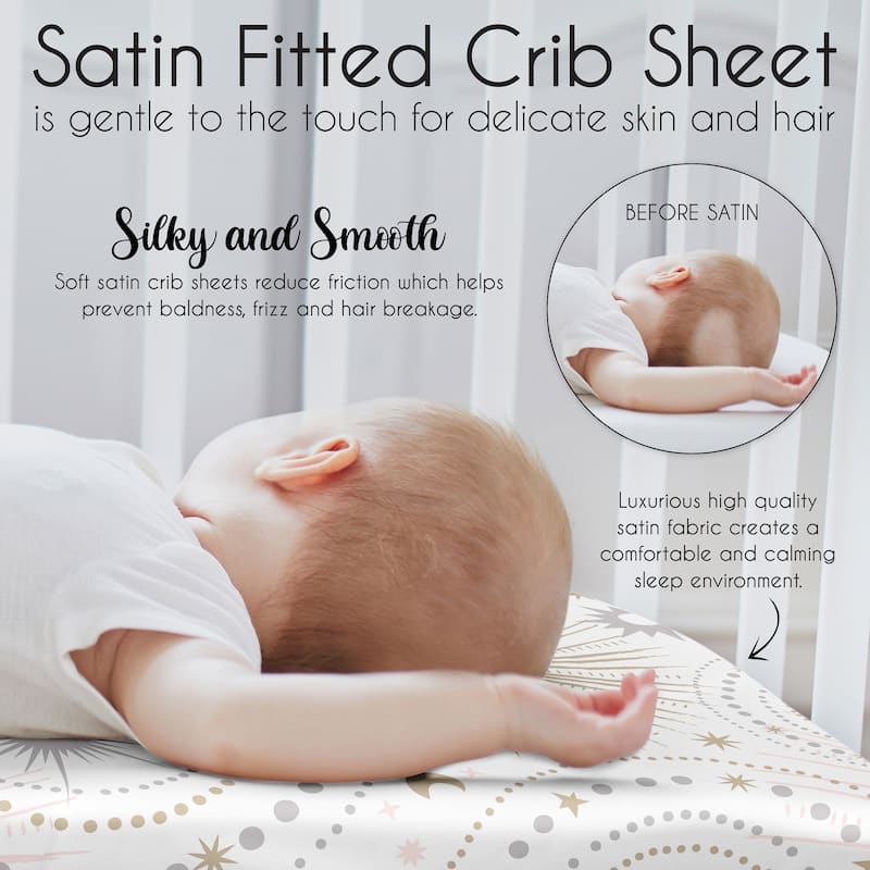 Sweet Jojo Designs Blush Pink Gold Star and Moon Girl Satin Fitted Crib Sheet - Grey Celestial Sky Stars Gray Shabby Chic