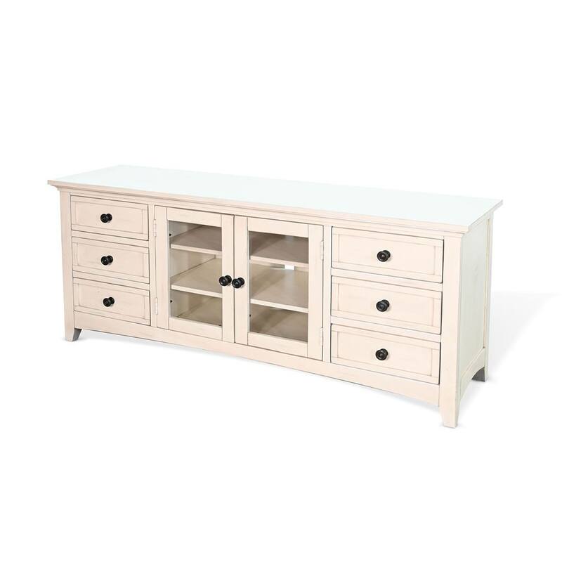 Xyla TV Stand Media Cabinet Glass Door, 6 Drawers, White Wood, 62 Inch