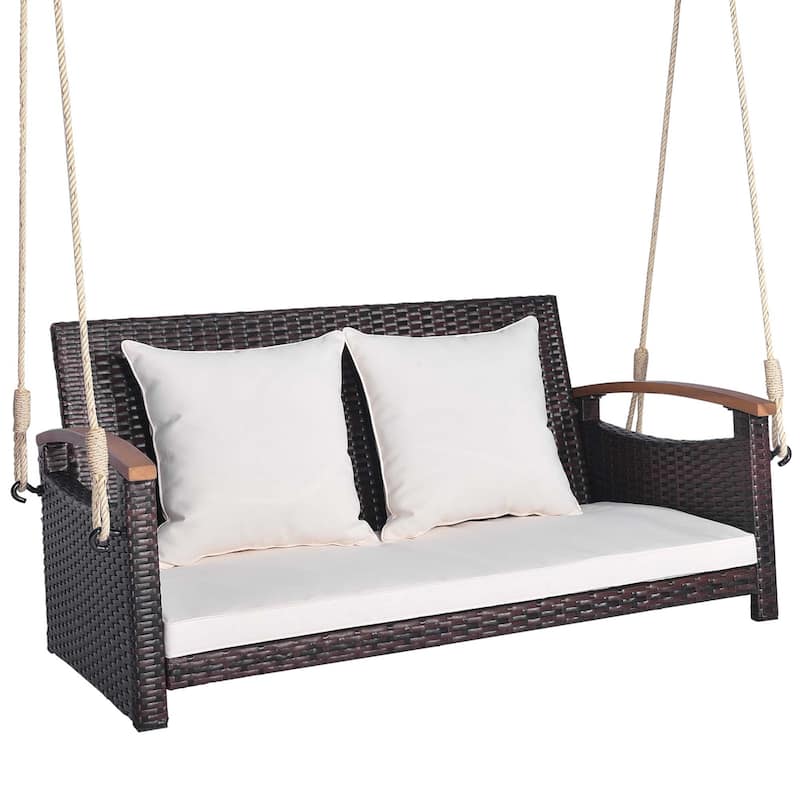 Patio Rattan Porch Swing Loveseat Hanging Chair Cushioned - Mix Brown+Off White