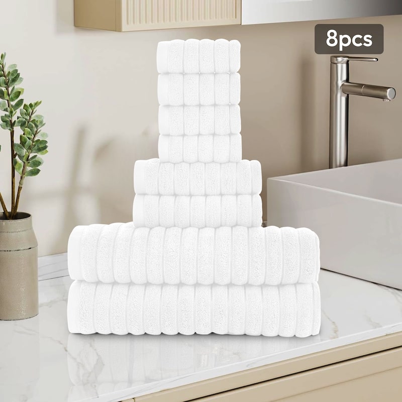 8 Piece Oversized Bath Towel Set, 100% Cotton Bath Towels, Highly Absorbant Bordered Towels - White