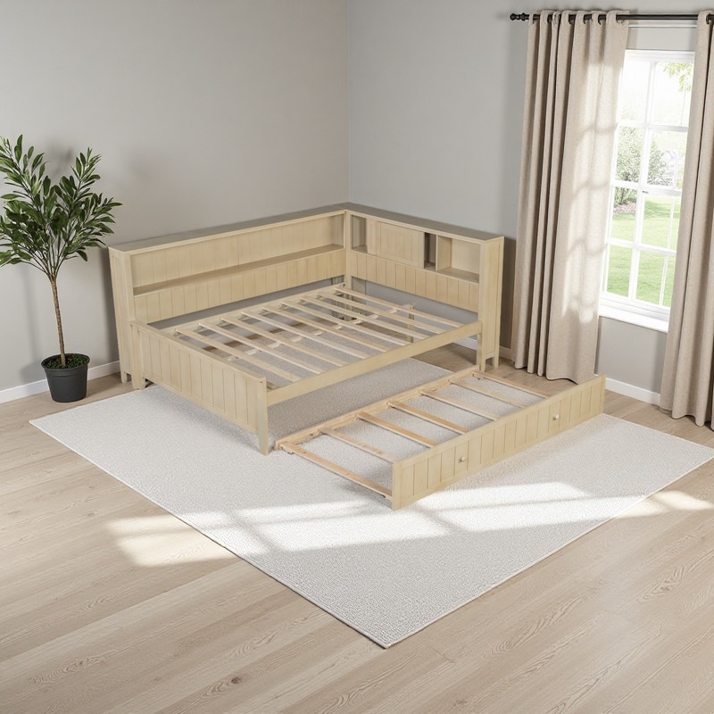 Full Size Solid Wood Daybed with Storage Shelves, Trundle