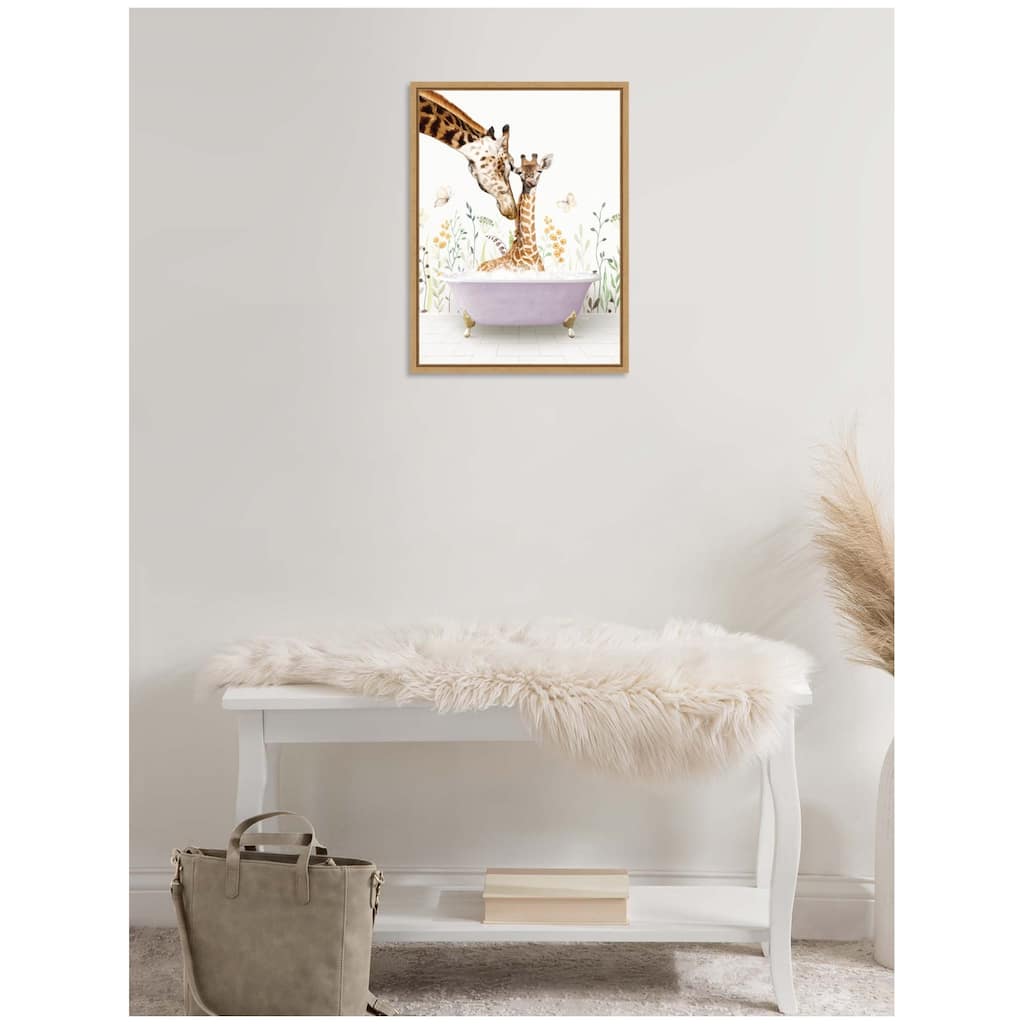 Kate and Laurel Sylvie Mother and Baby Giraffe in Spring Bathtub Framed Canvas by Amy Peterson
