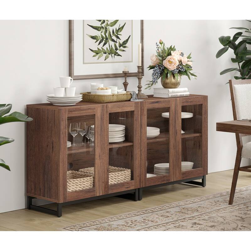 WAMPAT Multifunctional Sideboard Buffet Cabinets with Glass Doors, Modern Sideboard with Adjustable Shelf, Coffee Bar Cabinet - 2PCS - Brown