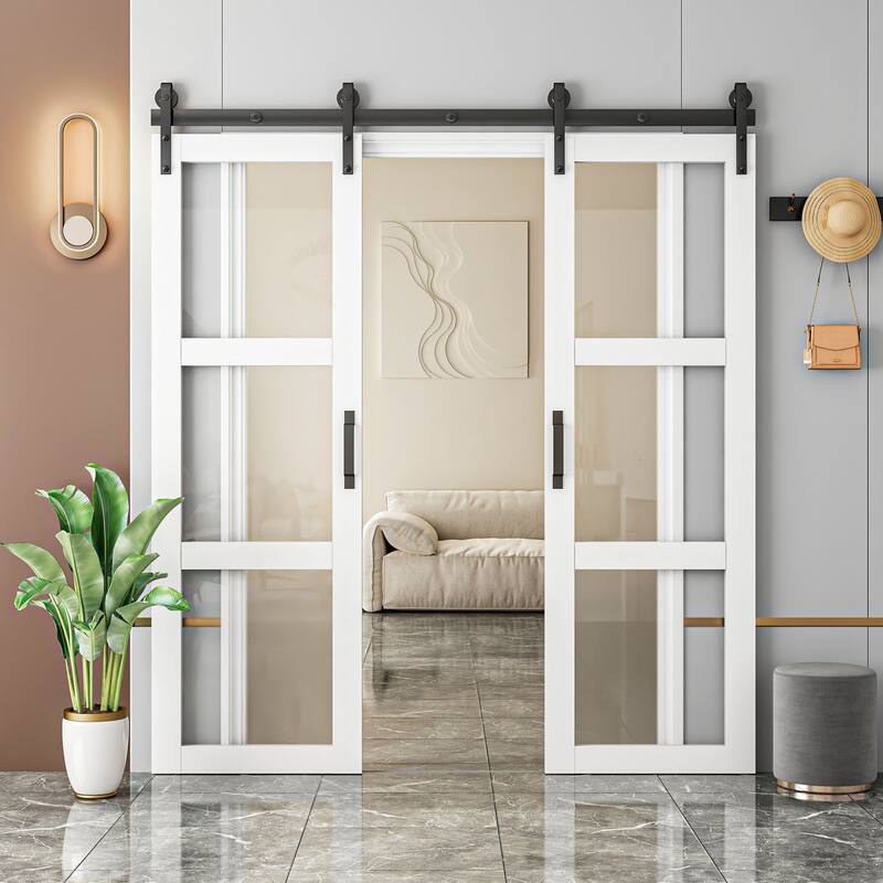 84''H Double 3 Lite Tempered Frosted Glass French Interior Door Wide Opening By-Pass Sliding Barn Door With Hardware Kit