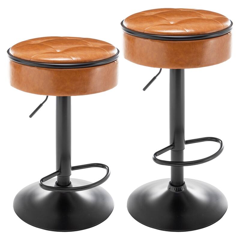 Round Storage Bar Stool Set of 2,Height Adjustable with Metal Frame - Brown