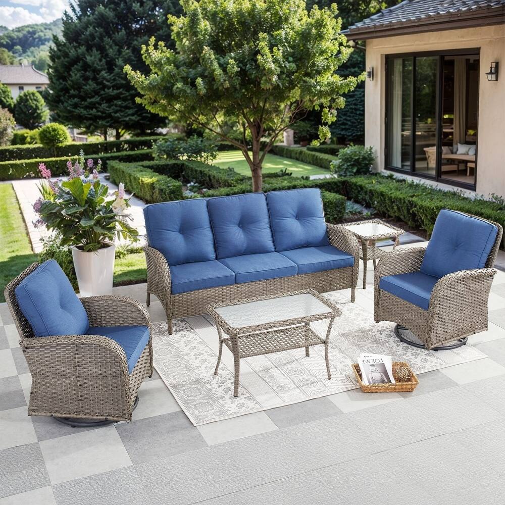 Gymojoy 5-Piece Outdoor Wicker Patio Furniture with 3 Seat Sofa & Swivel Chair, Coversation Set with Water Resistant Cushions
