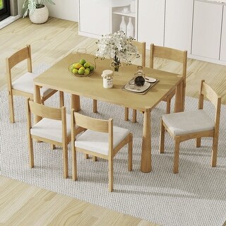 7-Piece Solid Wood Dining Table Set with 6 Cut Out Back Upholstered ...