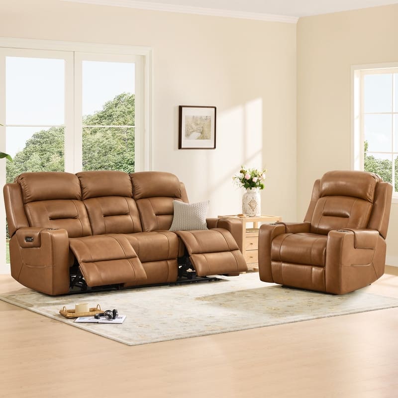 Spruce & Spring Genuine Leather Power Reclining Sofa with Wireless Charging