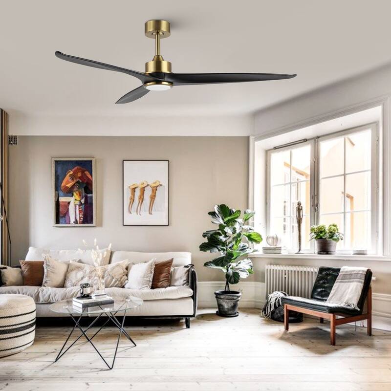 WINGBO 60 Inch DC Ceiling Fan with Lights and Remote Control, 3 Reversible Carved Wood Blades, 6-Speed Noiseless DC Motor - Black and Gold