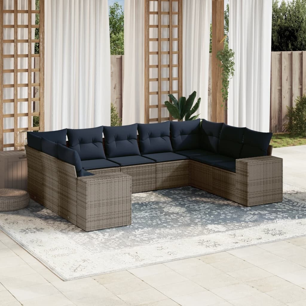 vidaXL 9/10 Piece Patio Sofa Set with Cushions Black/Brown/Gray Poly Rattan - 24.4 x 24.4 x 27.2
