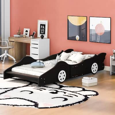 Children's Platform Bed Twin Size Racing Car Bed with Guardrail, Pine Wood Frame, Slats Support and Fun Wheel Design